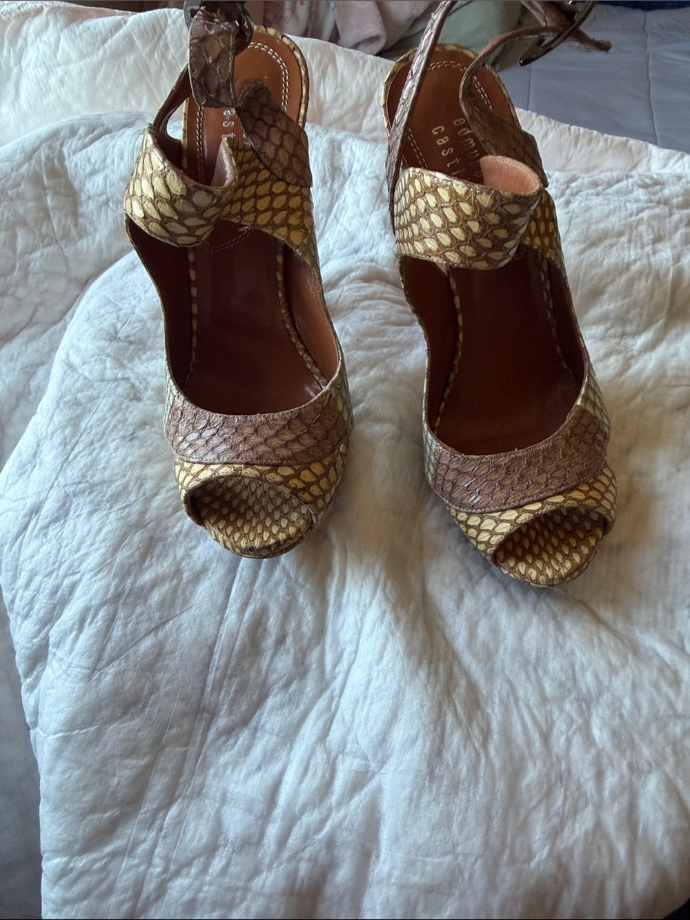 Open-Toe Python-Pattern Heels in Gold and Brown